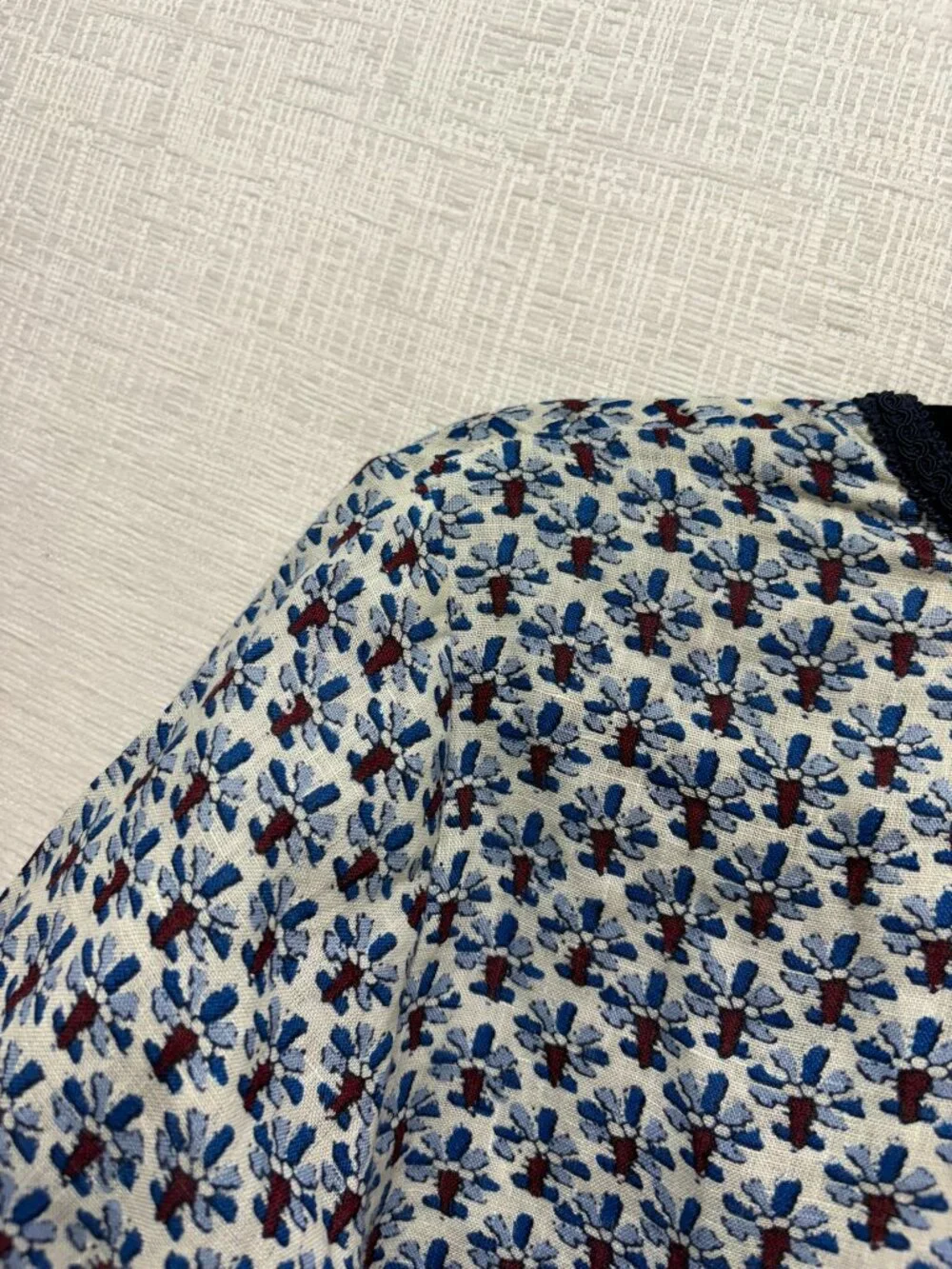 Tory Burch Blue Floral Geometric Print Split Neck Tunic Blouse Large